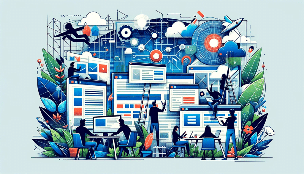 dall e 2023 12 22 15.52.23 a wide illustration in a modern style vividly depicting the process of website creation. the artwork should feature scenes of web designers and devel