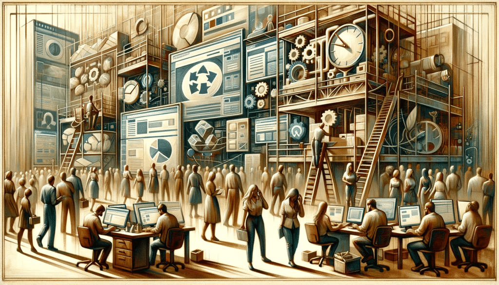 dall e 2023 12 22 15.48.18 a wide illustration in a classic painting style depicting the theme of website support and maintenance. the artwork should showcase a more muted tra