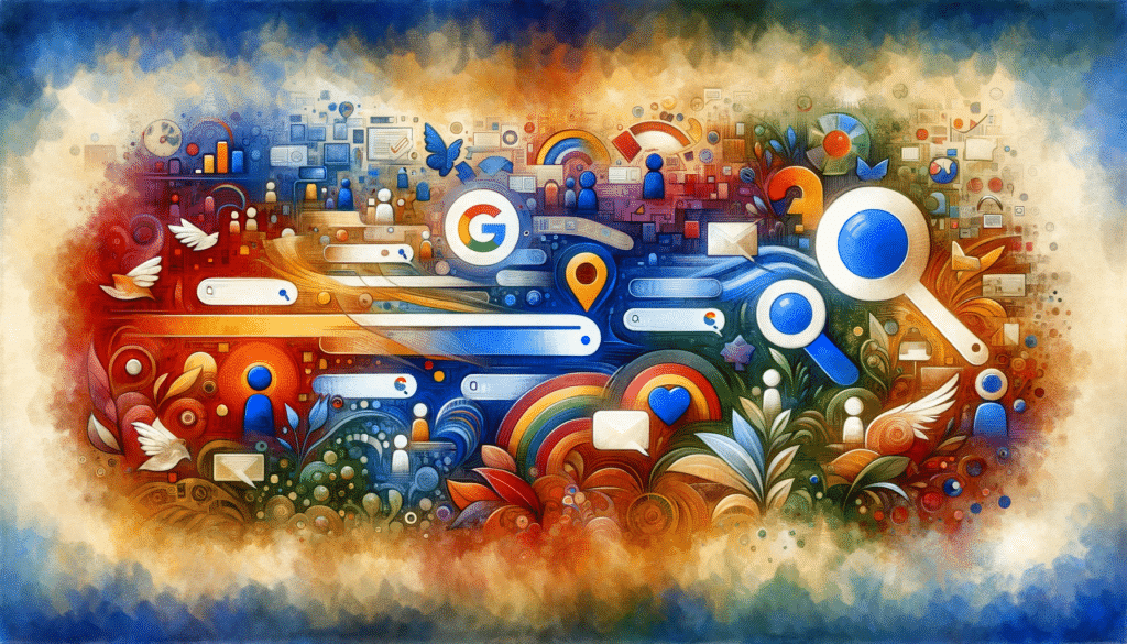dall e 2023 12 22 15.44.52 a wide illustration in a hand painted style similar to the previous artwork depicting different types of search queries. this vibrant artwork should