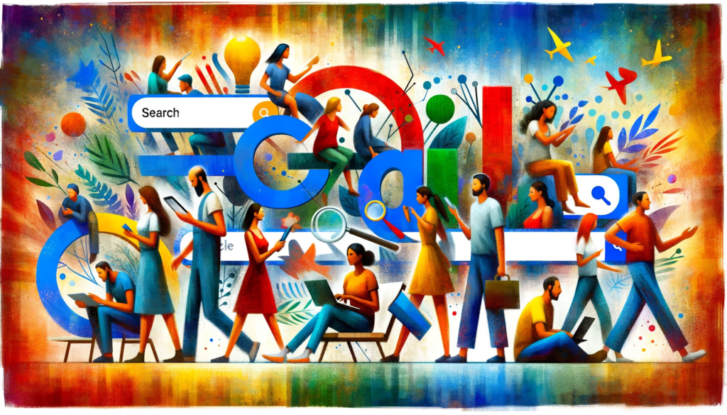 dall e 2023 12 22 15.35.00 a wide illustration in a hand painted style depicting various types of search queries with people representing different searches. the artwork shoul