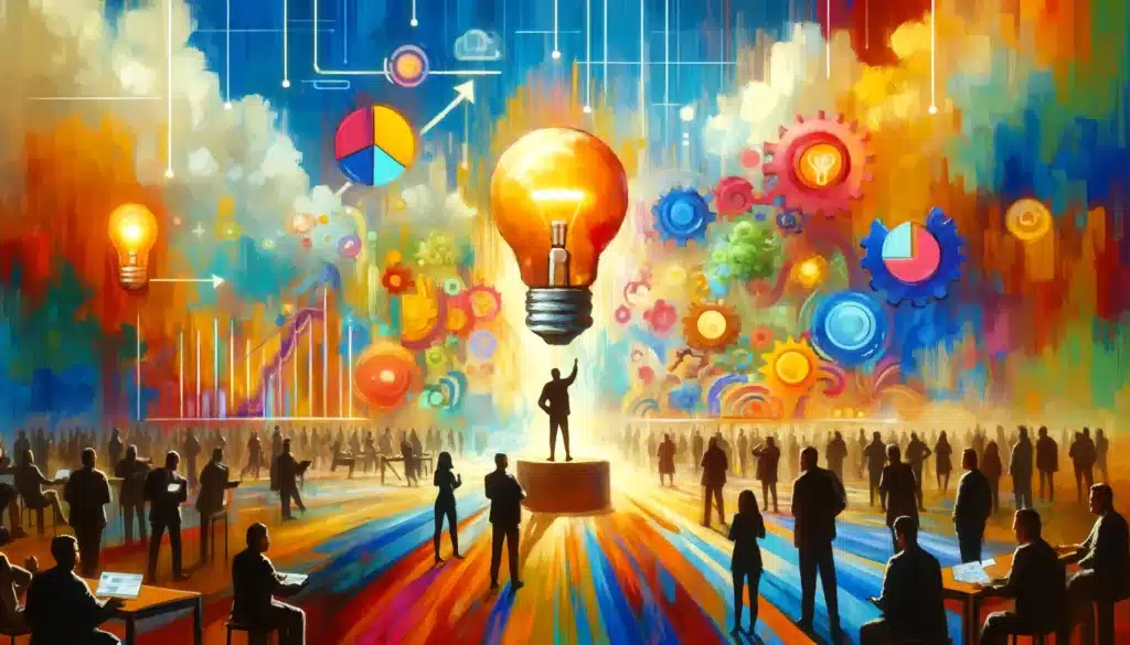 dall e 2024 04 30 12.10.07 paint a wide format image using a vibrant paint like style to depict how to start your own online business in 2024 focusing on a spacious composit