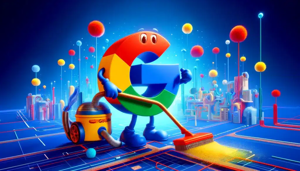dall e 2024 05 02 15.48.10 a cartoon style digital artwork showing the google logo character in its vibrant brand colors blue red yellow and green actively cleaning the i