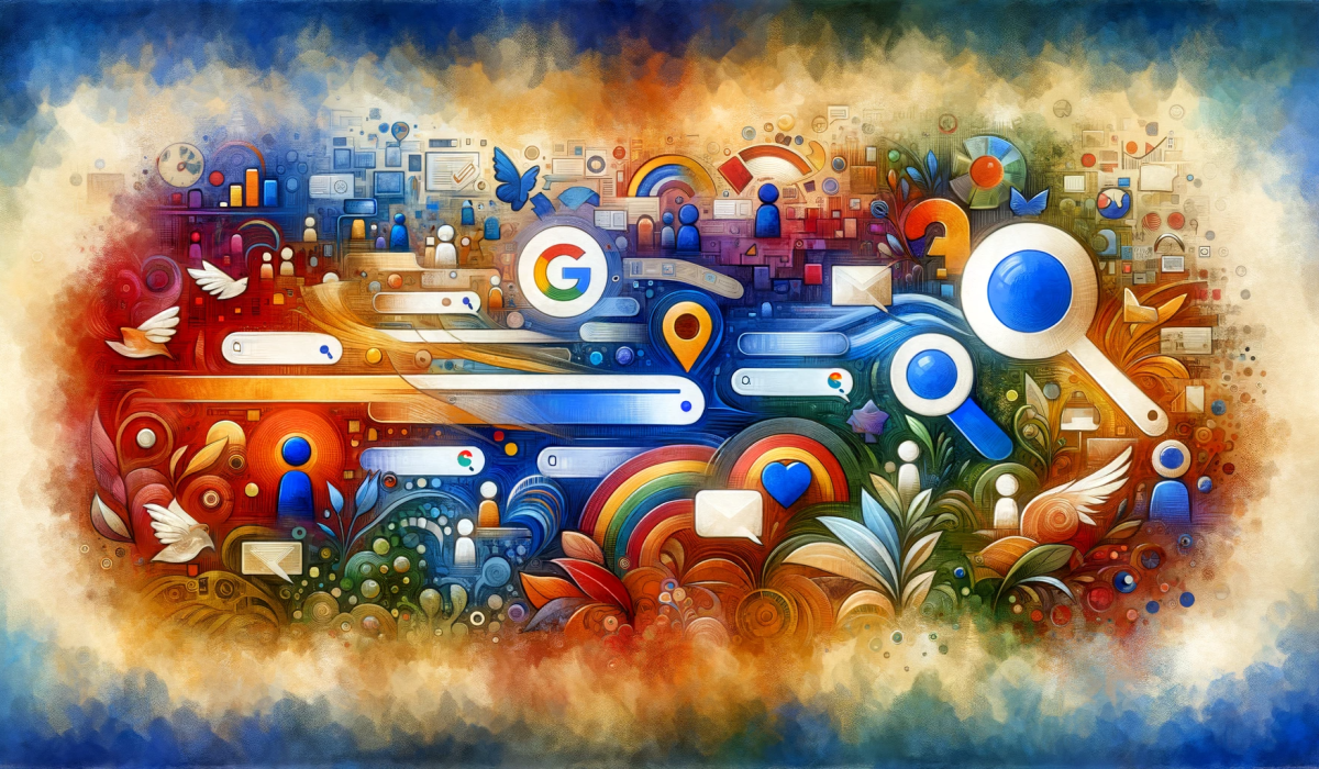 DALL·E 2023-12-22 15.44.52 - A wide illustration in a hand-painted style, similar to the previous artwork, depicting different types of search queries. This vibrant artwork should
