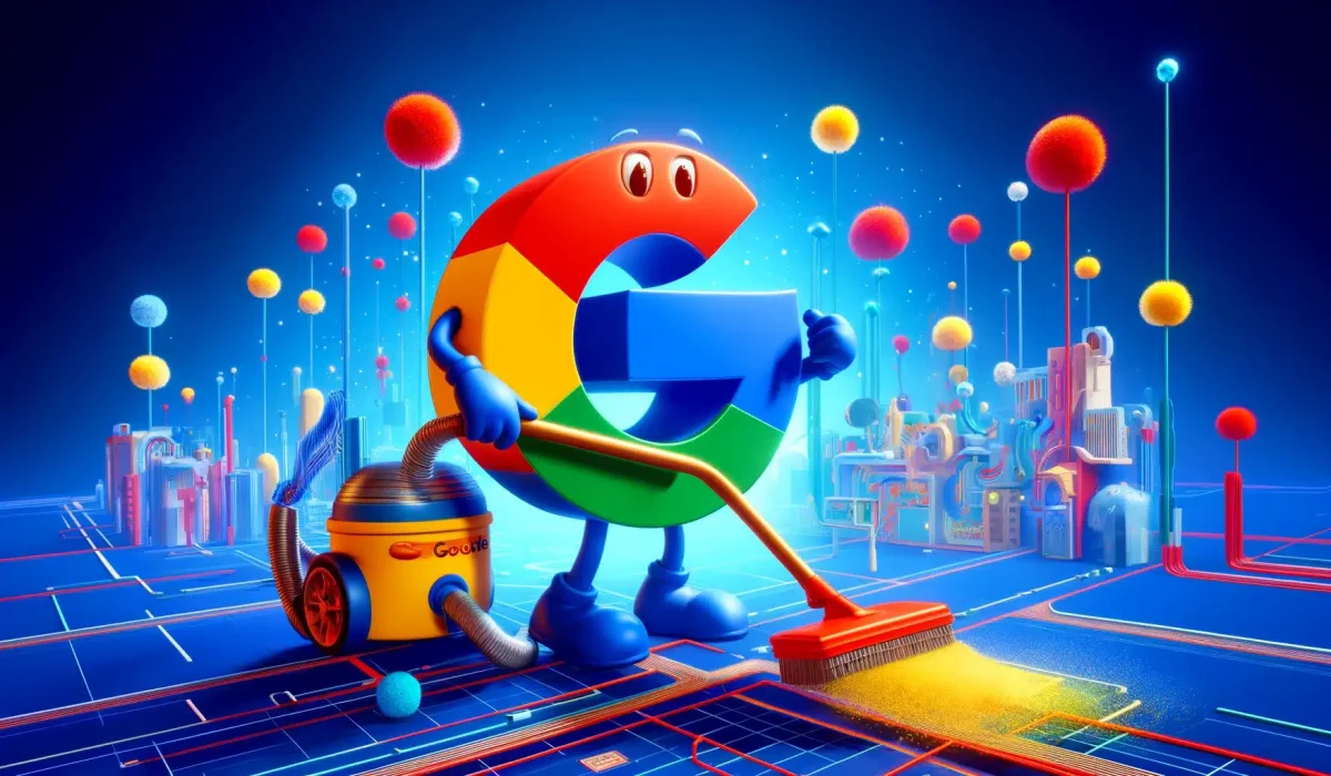 DALL·E 2024-05-02 15.48.10 - A cartoon-style digital artwork showing the Google logo character, in its vibrant brand colors (blue, red, yellow, and green), actively cleaning the i